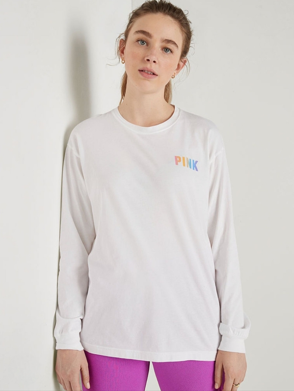 NWT PINK by Victoria's Secret "Campus Cotton Longsleeve Tee" White🤍Rainbow🌈SML
